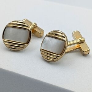 Vintage signed Swank gold tone MOP mother of pearl round cuff links